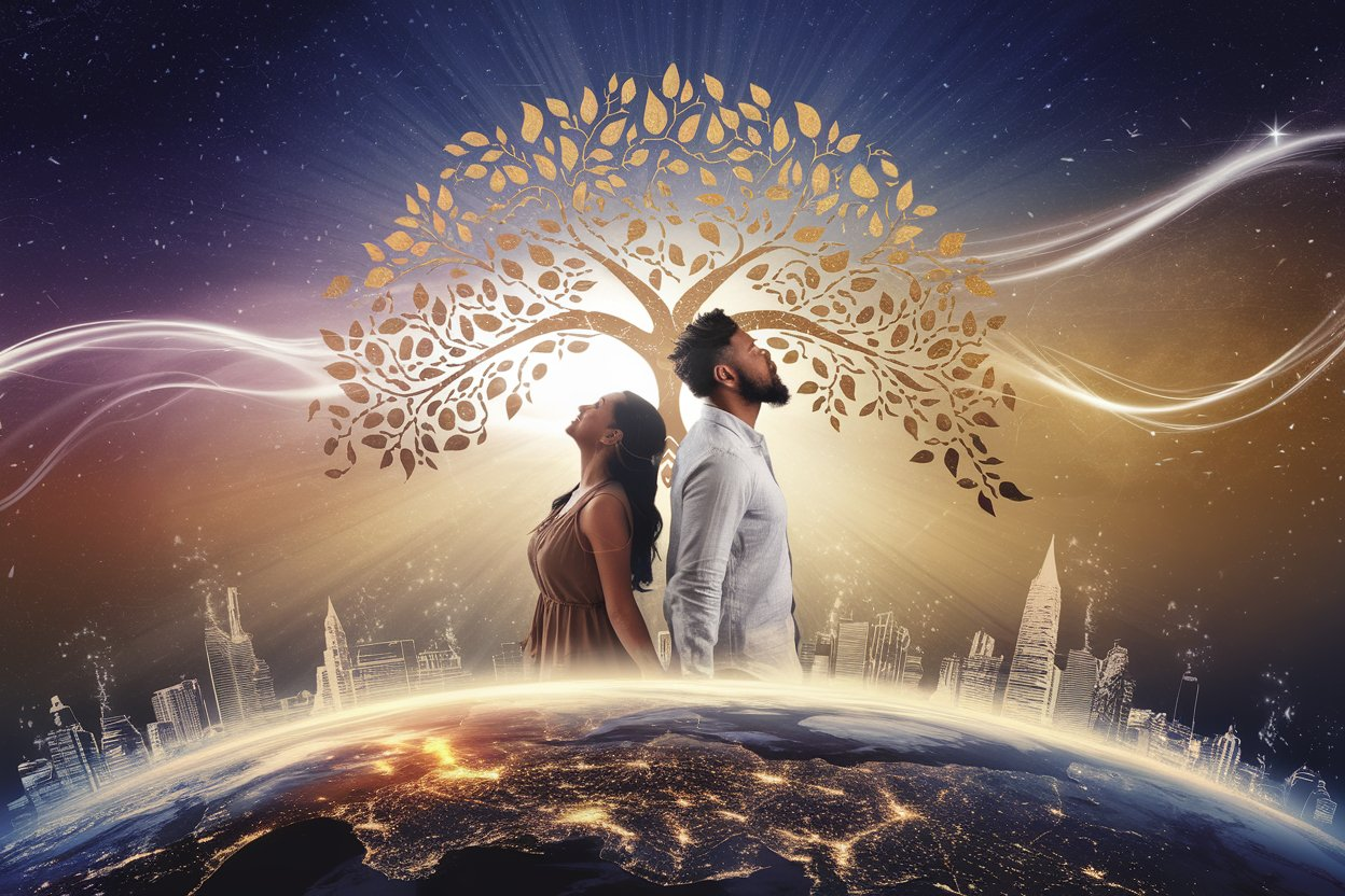 A man and woman stand back-to-back on a glowing earth beneath a radiant golden tree of life, symbolizing eternal love, divine destiny, and spiritual romance.